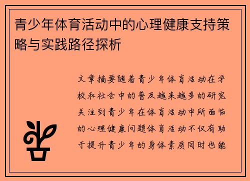 青少年体育活动中的心理健康支持策略与实践路径探析